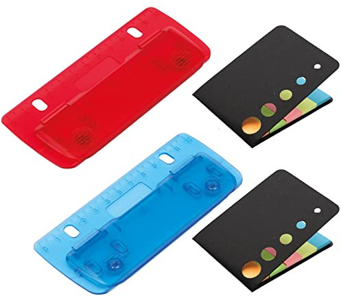 Set 2 Taschenlocher Mini Locher zum Einheften, mit Haftnotizen, für 8 cm Lochung mit 12 cm Skala, für Schule Büro Haushalt, 2 Farben Rot Blau