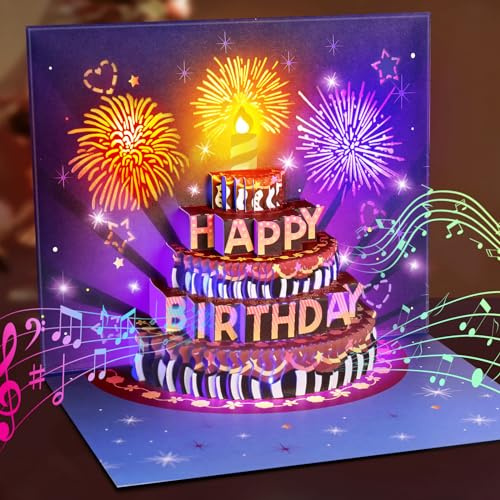 INPHER UPGRADED Birthday Cards Fireworks Pop Up Cake Light and Music Happy Birthday Gifts Decorations for Women, Men, Mom, Grandma