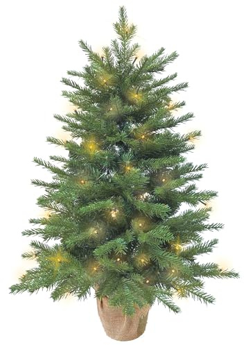 3ft Pre-Lit Mini Fir Christmas Tree,Artificial Pine Xmas Tree,106 PE Branches Tips & 84 PVC Branches Tips & UL Certification LED Lights & Burlap Wrapped Base for Tabletop Desk,Battery Operated