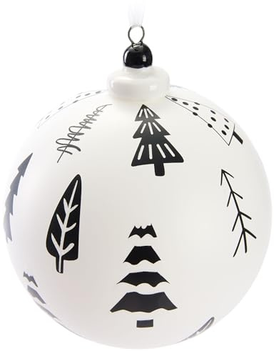 BRUBAKER Premium Weihnachtskugel Weiß - Tannenbäume - 10 cm Baumkugel Matt und Handbemalt - Glas Weihnachtsbaumkugel mit Porzellan Topper - Christbaumschmuck Anhänger