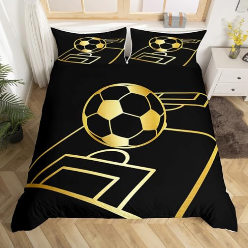 Homewish Football Single Bedding Sets for Boys Girls Kids,Gold Black Football Game Duvet Cover for Boys Men,Ball Sports Comforter Cover Bedroom Decor,Football Field Geometry Bed Set 2Pcs