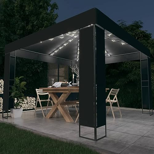 Gecheer Gazebo con Tetto Doppio e Stringa di Luci LED,Gazebo da Esterno,Terrazzo,Gazebo Pergola con Telo,Padiglione da Giardino,Tenda per Feste,Gazebo per Barbecue,Gazebo 3x3 m Antracite