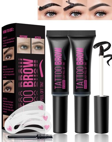 Peel Off Lot de 2 gels de coloration pour sourcils waterproof - Cire transparente - Gel naturel de tatouage - Jusqu'à 3 jours - Avec pochoir et pinceau - 03#
