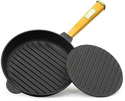 4BIG.fun Poêle à griller en fonte de 28 cm de diamètre avec couvercle à presser, poignée en bois, pour induction