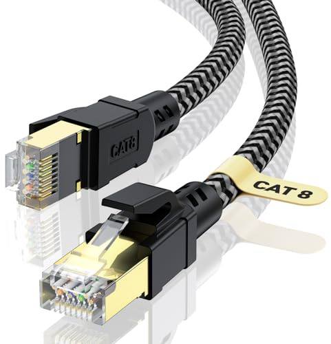 CABNEER Cat 8 Ethernet Cable 8FT, High-Speed Braided Internet Cable Network Cord with Gold Plated RJ45 Connector 40Gbps 2000Mhz Heavy Duty LAN Cable Shielded Indoor