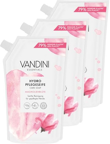 VANDINI 3x Hydro Seife Nachfüllbeutel mit Magnolienblüte Duft 500ml | Made in Germany Flüssigseife Nachfüllbeutel vegan - Handseife Nachfüllbeutel reinigt sanft - Liquid hand soap refill
