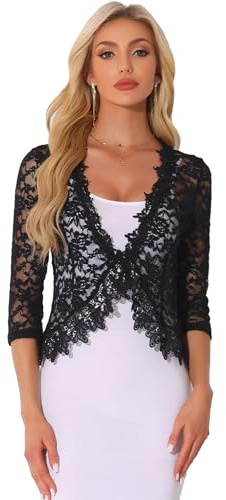 Allegra K Cárdigan elegante de encaje floral para mujer, Negro, M