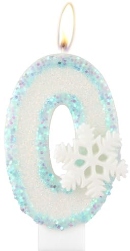 Blue Number 0 Candles, White Snowflake Birthday Candle, Frozen Party Candles - Blue Candle Cake Topper for Girls & Boys Frozen Themed Birthday Party Decorations