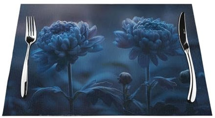 Blaue Chrysanthemen-Platzsets, gewebtes Vinyl, hitzebeständig, PVC, waschbar, für drinnen und draußen, 4 Stück