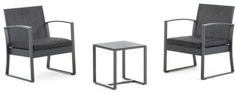 RATTATAN Olbia - Balkon Garten-Relax-Set, Zwei Sessel und Couchtisch, Rattan-Effekt, gehärtetes Glas, Kissen inklusive, Anthrazit