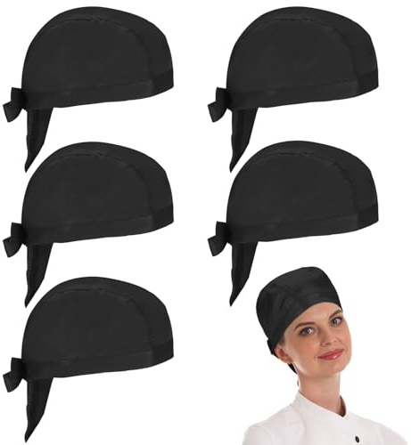 YUWJOOWEE 5 stycken svart kockmössa bandana – kockhuvudbonad köksmössa justerbar kockhatt pirathatt av bomull poly huvudbonad för unisex matlagning, svart, L