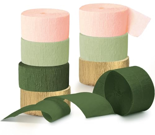 NICROHOME EUR Wedding Party Decorations, 8 Rolls Moss Sage Green Pink Crepe Paper Streamers for Boho Baby Shower, Wedding, Engagement Party, Spring Party, Birthday Party Supplies, 82 ft Long