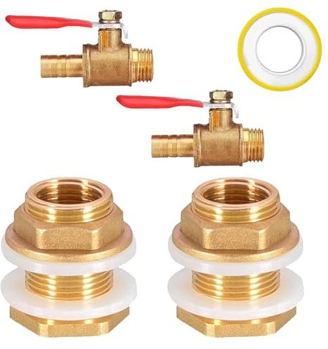 Jiavlyx 4 Pezzi Raccordi Per Serbatoio in Ottone, 3/4 E 1/2 Filettato Connettore Del Serbatoio Dell'Acqua, Con 2 Shut Off Valvola A Sfera Da 1/2+10m Nastro D'Acqua, Per Secchi, Serbatoi D'Acqua