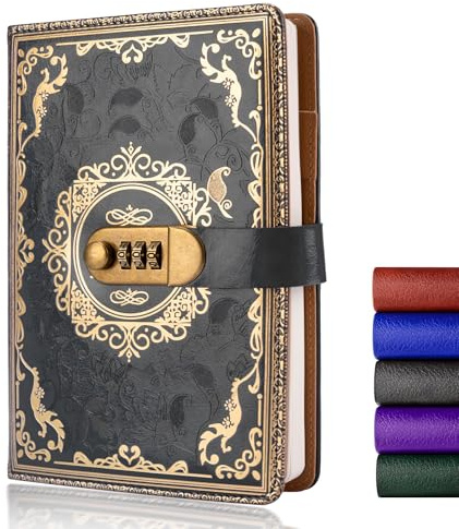 YUNAI Tagebuch mit Schloss, 200 Seiten Geheimes Tagebuch Mädchen Junge mit Code, Vintage Lock A5 PU Leder Journal, Geprägte Blume, Liniertes Papier für Büro Schule Studenten, Grau