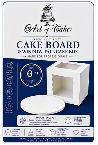 Art of Cake® 6 Inch Round White Masonite Cake Board & Double Window White Cake Box Combo - 5mm Thick Cake Board with Matching 2 Sided Window Box - For Birthday Wedding Celebration Cakes (152mm)