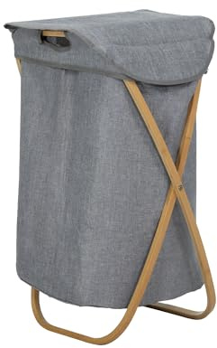 BRINDEK Cesto ropa sucia de bambú y tela gris con tapa | Bolsa extraíble con asas | Cubo para ropa sucia plegable tipo tijera | Diseño japonés ligero y resistente | 46x36x70 cm | 80 L aprox.