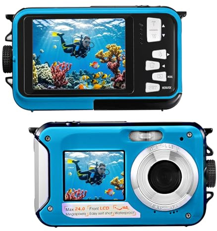 Appareil Photo numérique Etanche,Camera Etanche Full HD 2.7K 48MP Double Ecran Anti-Vibrations,Selfie Double écrans 16X Zoom Appareil Photo pour Natation,Vacances(Bleu)