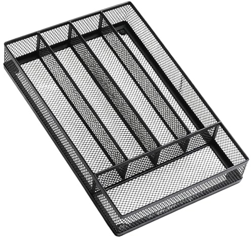 Calolin Metal Cutlery Drawer Organizer, Black Utensil Tray with Multiple Compartments, 12.6 x 8.66 in Silverware Organizer Tray, Anti-Slip, Ideal for Kitchen, Stationery, Office