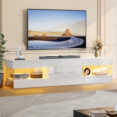 Bestier Mobile TV per TV da 75 pollici,moderno mobile TV laccato lucido,centro di intrattenimento a LED con ampio cassetto,consolle TV per soggiorno e camera da letto(bianco)
