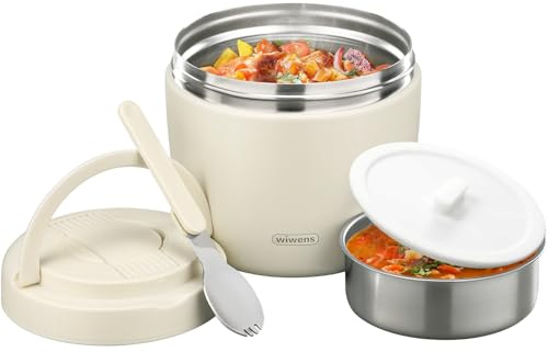 wiwens Thermo Food Jar for Hot Food 32OZ Soup Thermo Lunch Containers Wide Mouth Vacuum Insulated Stainless Steel Leakproof Bento Box with Spoon (Beige)