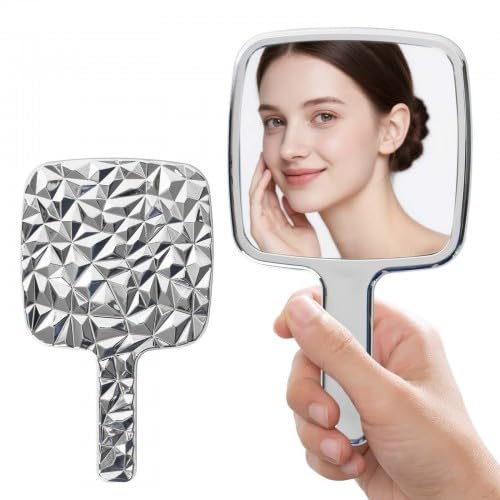 Colexy Miroir à Main avec Poignée, Miroir Maquillage Portable, Salon Barber Miroir de Coiffure, Miroir à Main Petit pour Voyage Beauté Bureau, Maquillage Quotidien des Dames (Argent)