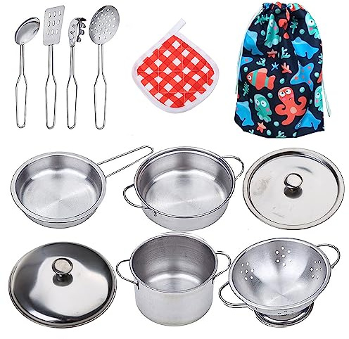 lazyfun Utensilios de cocina de acero inoxidable para niños, juguete de cocina, utensilios de cocina, ollas, sartenes, regalo de cumpleaños, casa de juegos, juguete de cocina