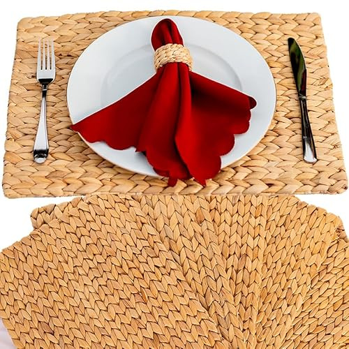 Water Hyacinth Placemats Set of 4, Rectangular Boho Woven Place Mats 16.5 x 12 Inches, Natural Rattan Table Mats for Dining Table, Handmade Seagrass Chargers, Farmhouse Kitchen Decor