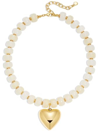 TOVABA Collier pour femme avec perles en résine colorée et pendentif en forme de cœur doré, style bohème, chaîne de perles réglable pour femmes et filles, design coloré, Cuivre
