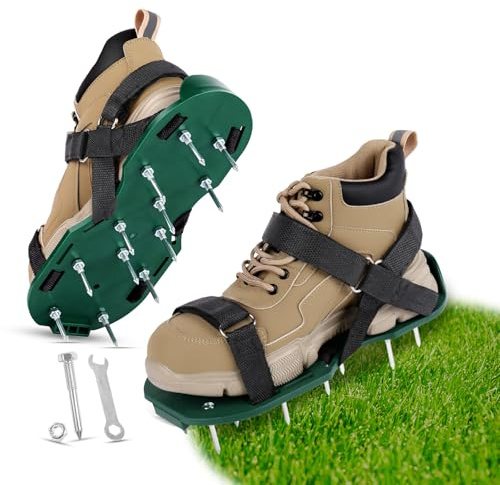 URAQT Zapatos Aireador para Cesped, 1par Suelas Escarificadoras Suela de 29*13CM y Púas de 48mm, Zapatos Aireador Jardin de Tamaño Ajustable,Talla Universal, para Zapatos Aireación en Patio y Jardín