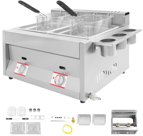 ROGONPDK Friggitrice a gas commerciale, piano di lavoro, friggitrice a doppio carro armato, friggitrice a gas in acciaio inox con cestino e coperchio, per ristoranti, feste, ecc