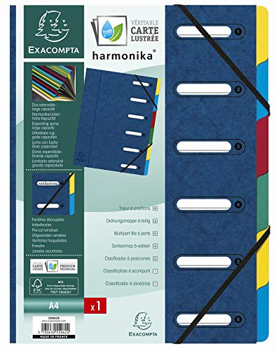 Exacompta - Ref 55062E - 1 HARMONIKA sorteringsverk - med resårer och utskurna fönster - glansigt papphölje - expanderbar baksida - 6 fack - för A4 - storlek 24,5 x 32 cm - färg blå