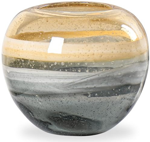 Torre & Tagus Andrea Mouth Blown Glass Vase for Home Decor - 6.75x7.5 Large Amber Glass Vase for Centerpiece, Handmade Glass Bowl Amber Vase for Decor in Coastal Living Room, Entryway, Bedroom
