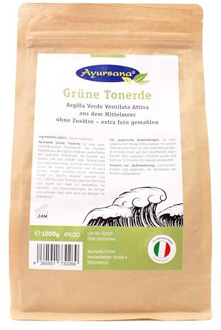 Ayursana Grüne Tonerde 1000g, extra frein gemahlene Mineralerde zur äußeren Anwendung wie Masken, Hautpflege oder Beigabe zum Shampoo, Apothekenqualität aus deutscher Abfüllung