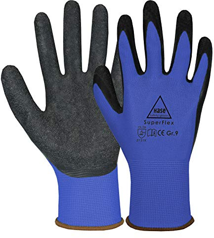 10 Paar Hase Superflex Arbeitshandschuhe mit Latexbeschichtung, Rutschfeste Gartenhandschuhe, Angenehmer, Ideal für Handwerk, Gartenarbeiten, Industrie Blau Gr. L (09)