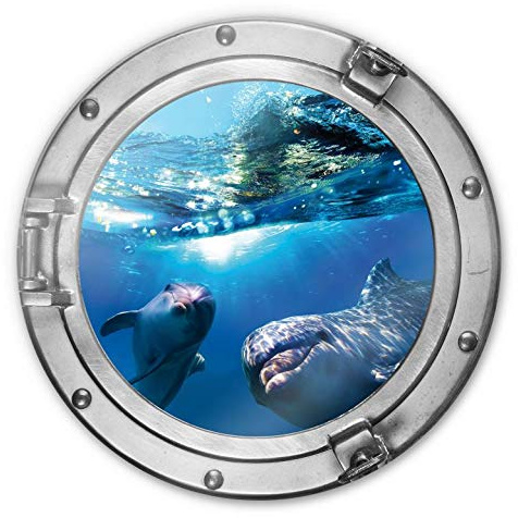 K&L Wall Art 3D Bullauge ESG Glasbild Meer Delfin Wandbild Glas Unterwasser Wanddeko modern Dolphins 50cm