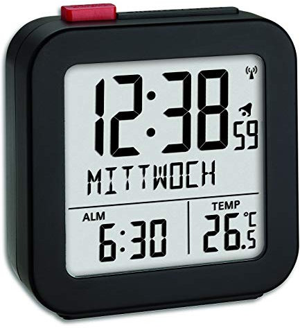 TFA Dostmann Funk-Wecker, 60.2558.01, zur Raumklimakontrolle, Weckalarm mit Snooze, Wochentag (10 Sprachen), schwarz, L 72 x B 27 x H 77 mm
