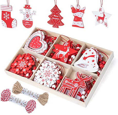 Adorfine 36 Stück Holz Christbaumschmuck Rot Weiß Weihnachtsanhänger Weihnachten Muster Christbaumanhänger Holz Weihnachtsbaumschmuck Anhänger für Weihnachtskalender Verzierung Deko