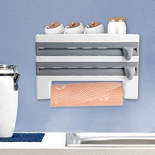 Kitchen Roll Dispenser Foil and Paper Cutter, 3 in 1 Paper Foil Roll Holder Wall Mounted Sauce Bottle Storage Rack Cling Film Dispenser and Cutter Kitchen Foil Cling Film Dispenser, 39*10* 24 Cm Grey