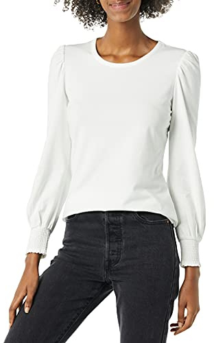 Amazon Essentials Women's Long-Sleeve Crewneck Smocked Cuff T-Shirt, White, L