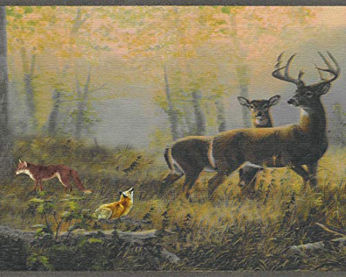 Dundee Deco DDAZBD9025 Wandbordüre zum Abziehen und Aufkleben, Motiv: Naturgrau, Rot, Gelb, Hirsch, Fuchs im Wald, Retro-Design, 4,57 m x 17,78 cm, selbstklebend