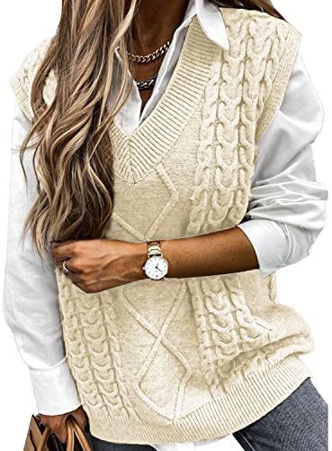 Voqeen Gilet in Maglia da Donna Maglione Senza Maniche Lavorato a Maglia Scollo a V Classico Gilet Maglioni Lungo Maglieria Autunno Inverno Pullover Regali di Natale Valentine's Day, Bianco Sporco