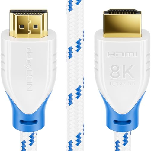deleyCON 1,5m 8K Cavo HDMI 2.1 (48G, ULTRA Highspeed) 8K@60Hz 4K@120Hz 2K@144Hz/165Hz EARC HDCP 2.3/2.2 - Compatibile con Xbox DTS:X HDR Dinamico Dolby Atmos TV PS5 Soundbar Monitor - Bianco