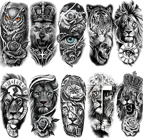 Feelairy 10 Blätter Groß Tiger Löwe Temporäre Tattoos Männer Frauen Arm, Wasserdicht 3D Temporary Tattoo Schwarz Schädel Halloween Fake Tattoo Aufkleber Tiere Blume für Erwachsene Kinder