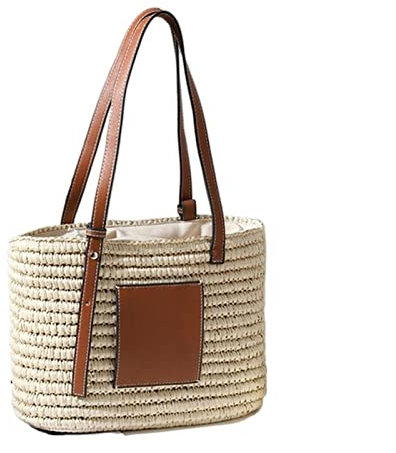 FJZFXKZL Strandtasche Stroh, Sommer Damen Stroh Umhängetasche Große Kapazität Rattan Tote Handtasche Reise Beachtasche Gewebt Korb Einkaufstasche (Color : Beige, Size : 27x10x20 cm)