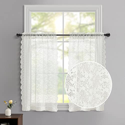 FINECITY Spitzen-Café-Vorhänge für Küche, Fenster – Gestrickte Landhaus-Rosen-Spitzen-Vorhänge, 61 cm Länge, gewellte Makramee-Elfenbein-Spitzen-Küchenvorhänge, 2 Paneele, elfenbeinfarben