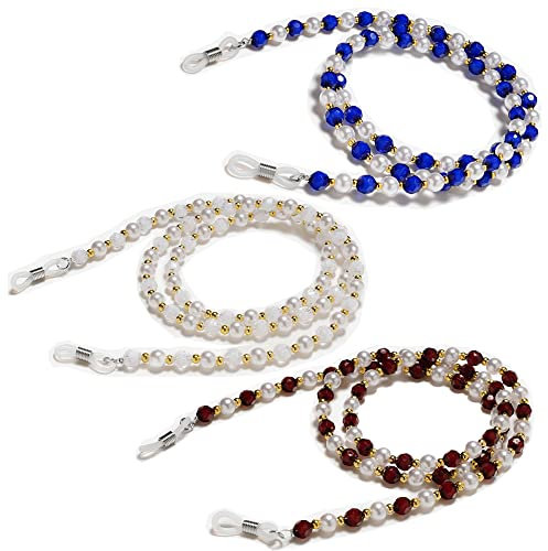 DNLKWGO 3 Stück Brillenketten Sonnenbrillenband Halter Kunstperlen Brillenhalter Kette für Frauen, Blau Weiß Braun, Einheitsgröße