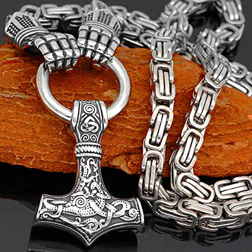 Männer Thors Hammer Wikinger Halskette, Silber Rostfreier Stahl Nordische Mythologie Mjolnir Amulett Anhänger-Schmuck, Mehrere Stile Tierkopf Quadratisch Königskette,Hand,70 cm