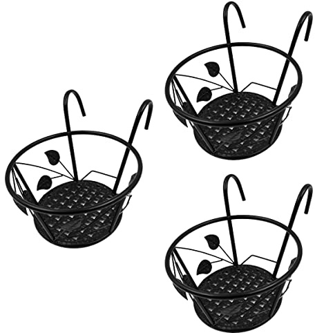 ZONADAH 3er Pack Leaf Kleine Blumentopfhalter Runde hängende Geländer Pflanzgefäße Eisen Gartenzaun Balkon Veranda Pflanzenkörbe Stützregal Regal Container Gartenarbeit drinnen oder draußen schwarz