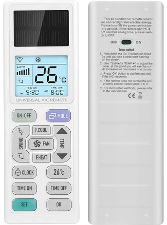 LEYF Universal Klimaanlage Fernbedienung, A/C LCD Hintergrundbeleuchtung, Ersatz, Klimagerä Fernbedienung, Bildschirm mit Licht und LED-Taschenlampe, die durch Lichtenergie betrieben Wird