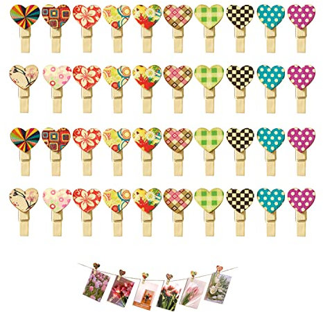 PFLYPF 40 bunte Holzklammern in Herzform, Mini-Fotoklammern, Dekoration für Partys und Hochzeiten